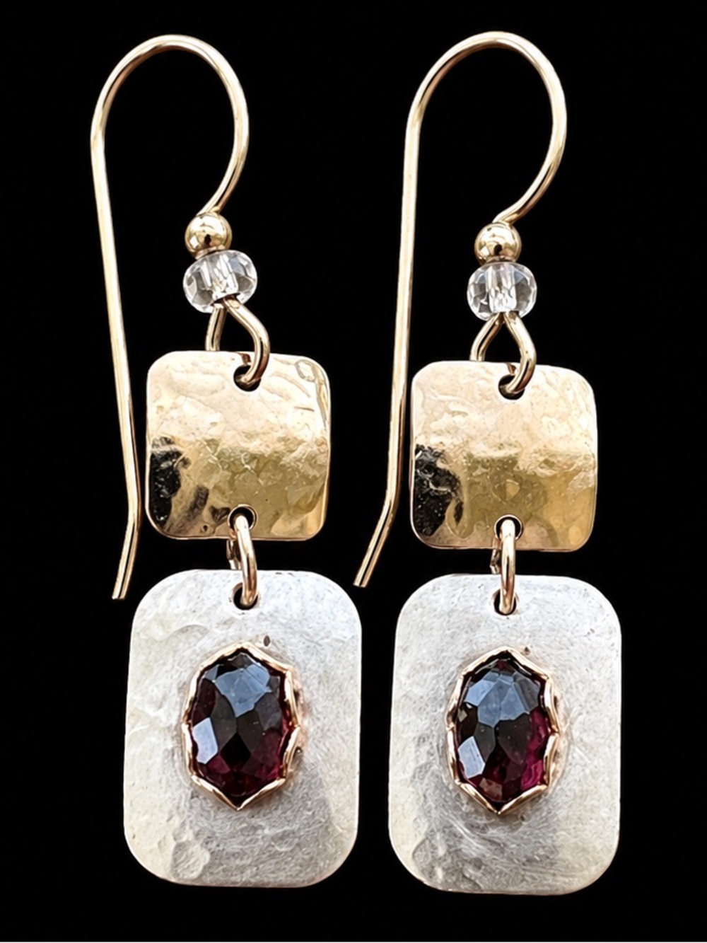 Vintage Garnet Dangle Earrings Silver & Gold Tone 1 3/8”